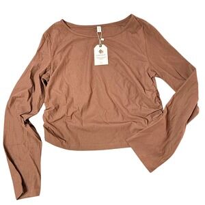 Laslulu Ribbed‎ Crop Top Ruched Long Sleeve Flared Sleeve Brown 2XL